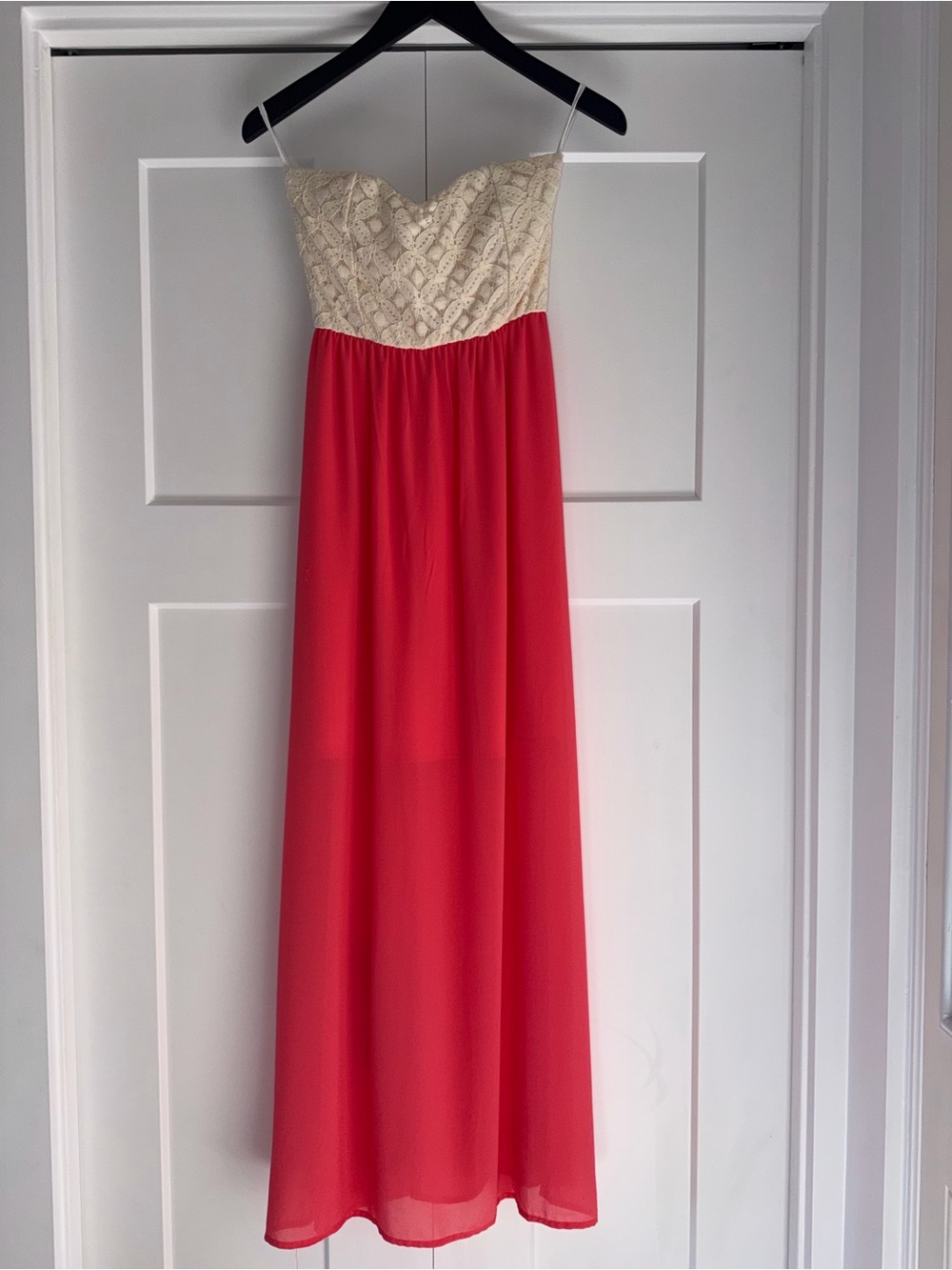 Strapless Lace & Chiffon Maxi Dress – Coral & Cream